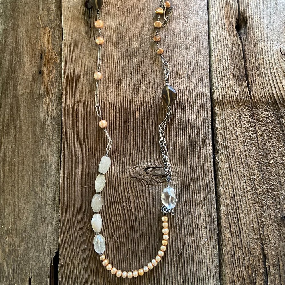 Silpada N1421 Sterling Silver Copper Champagne Pearl Smoky Quartz 35” Necklace